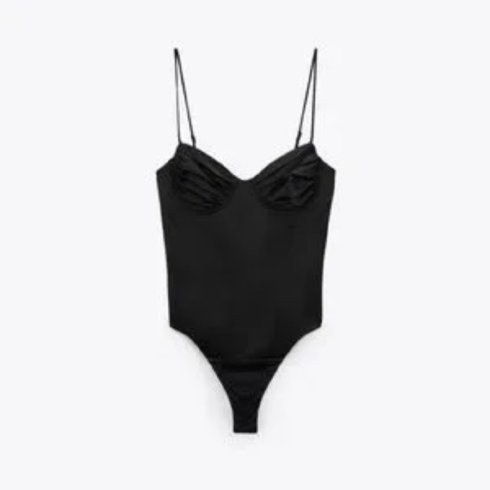 Zara Corsetry inspired black satiny bodysuit top spaghetti straps Size Small NWT
